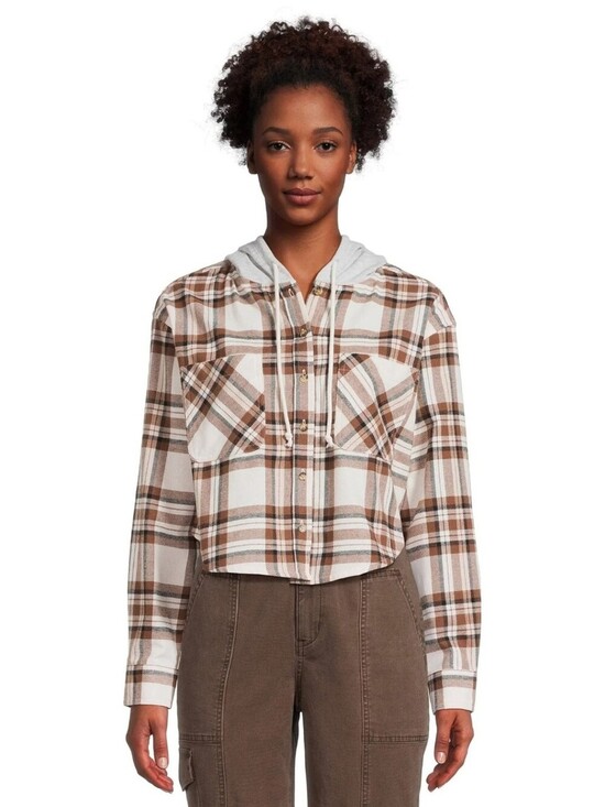 No Boundaries Tops - No Boundaries Womens Flannel Shirt Hooded Cropped Plaid Brown White XL